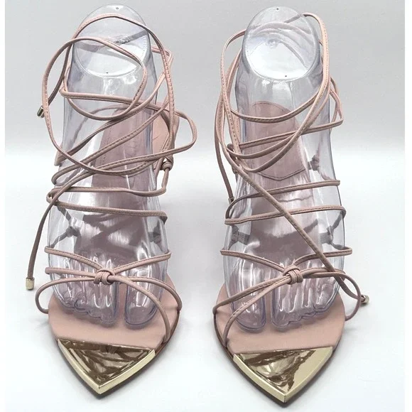 Schutz Hana Mid Sweet Rose Pink Leather Lace Up Gold Tip Pointed Toe Heels 7.5B - Picture 2 of 11